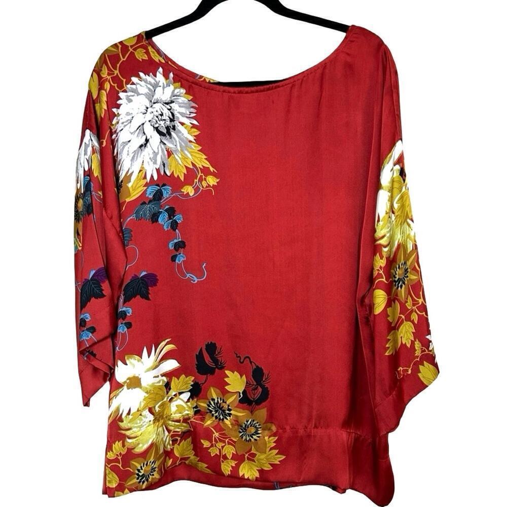 Soft Surroundings Women’s Fantasia Floral Silky Pullover Blouse Red Size Small
